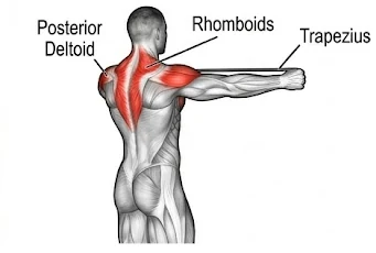 Band pull-apart anatomy diagram highlighting posterior deltoid, rhomboids, and trapezius.