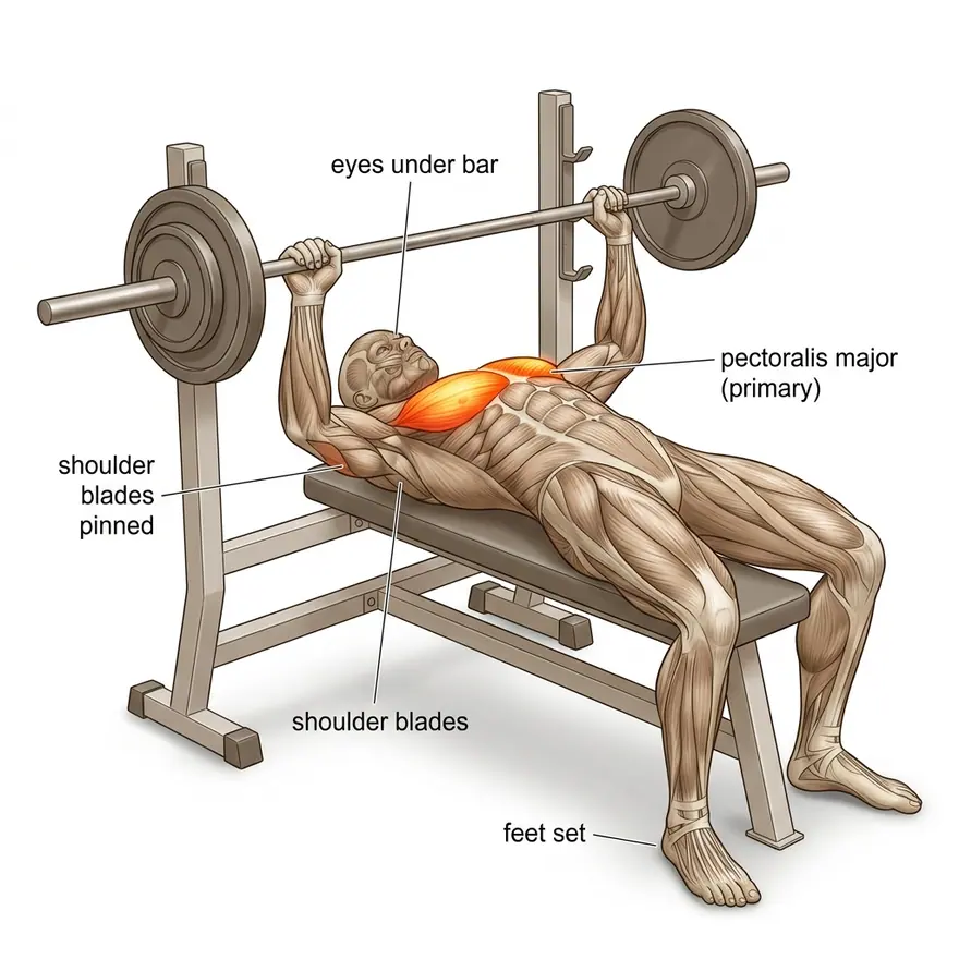 Barbell bench press setup picture showing bench position, bar path, and chest/triceps focus.