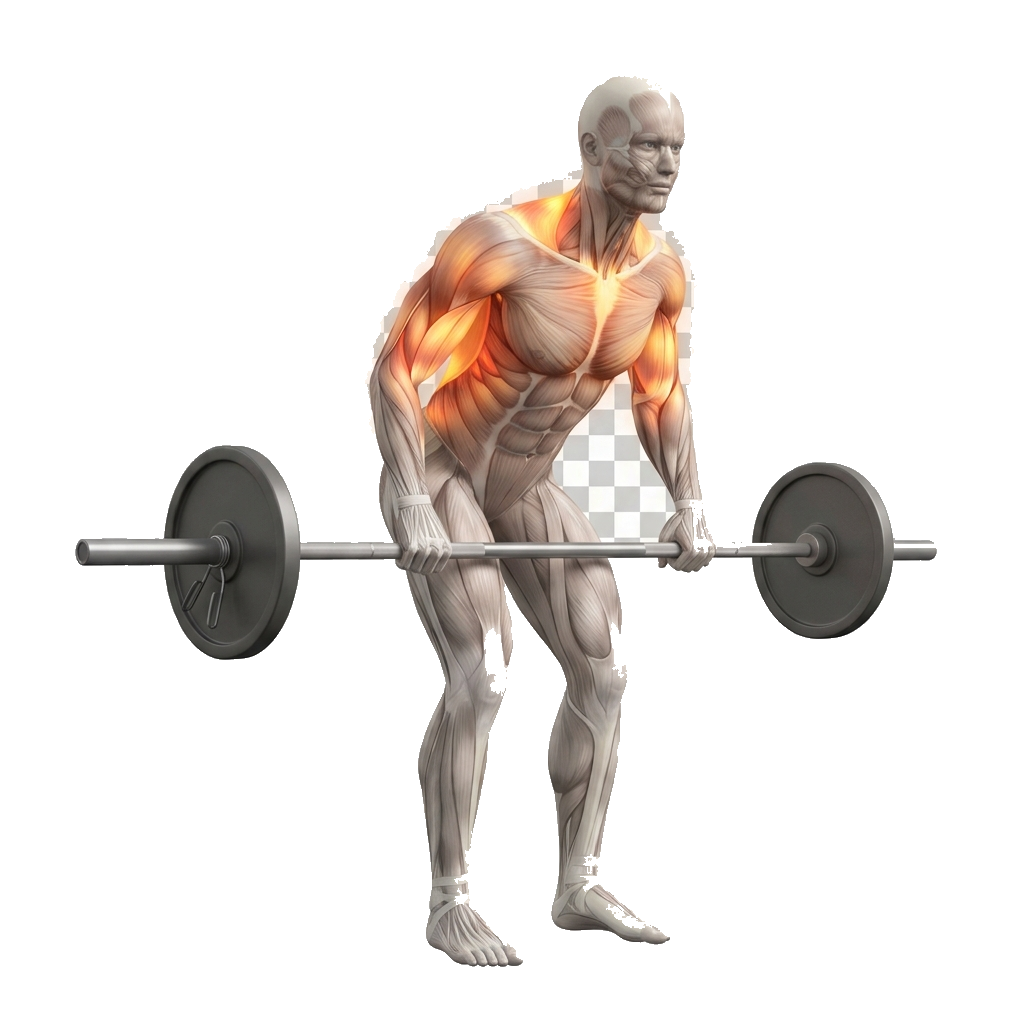 Barbell bent-over row anatomy diagram.