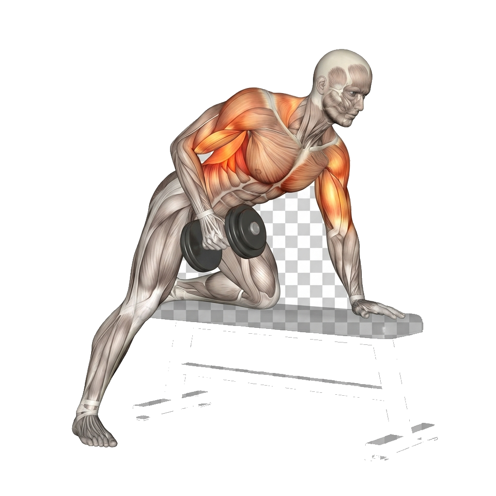 Single-arm dumbbell row anatomy diagram.