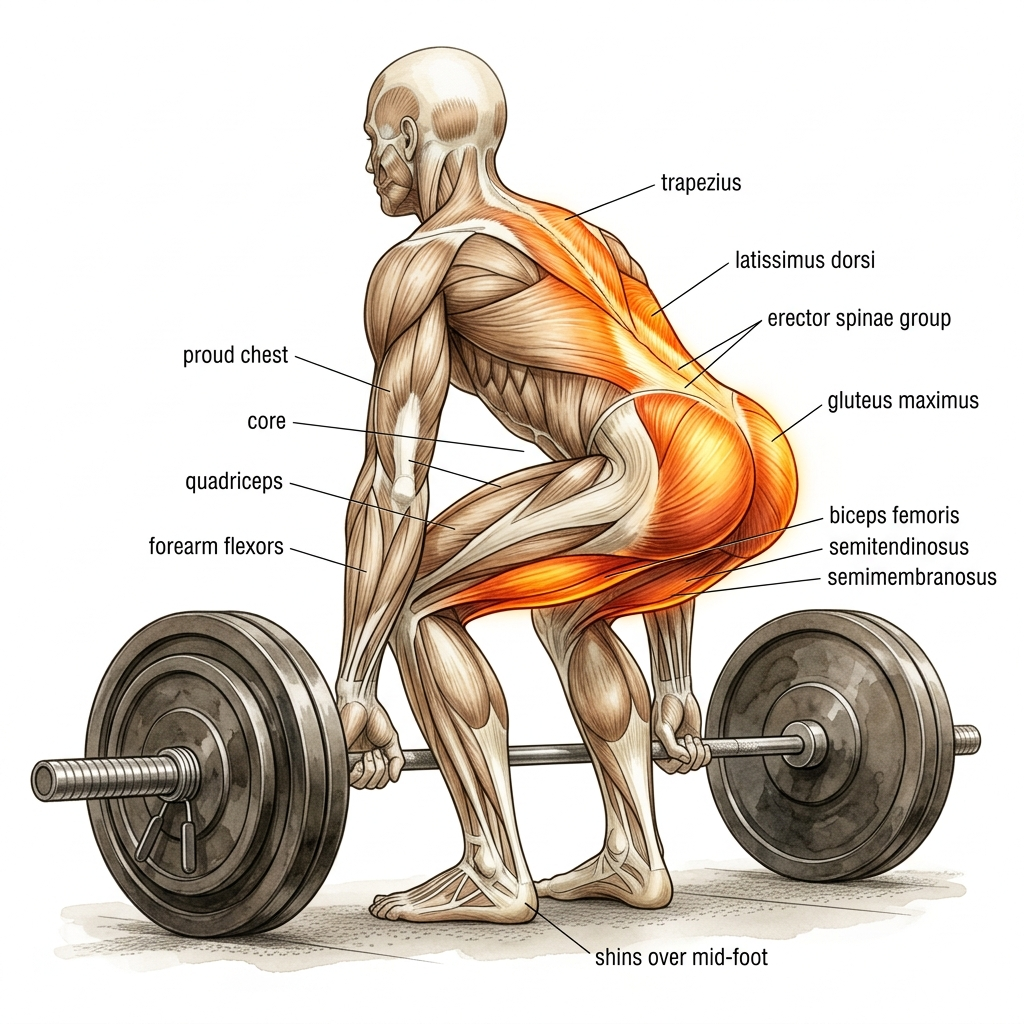 Conventional deadlift anatomy diagram.