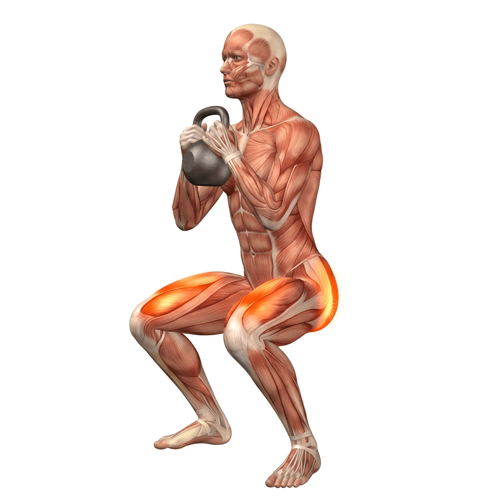 Goblet squat anatomy diagram.