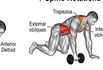 Quadruped t-spine rotation anatomy diagram, trapezius and external obliques highlighted during thoracic rotation.