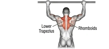 Scapular pull-up anatomy diagram highlighting lower trapezius and rhomboids during scapular depression at the bar.