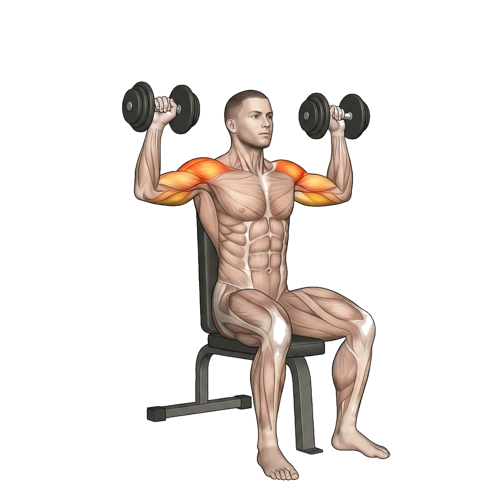 Seated DB overhead press anatomy diagram.