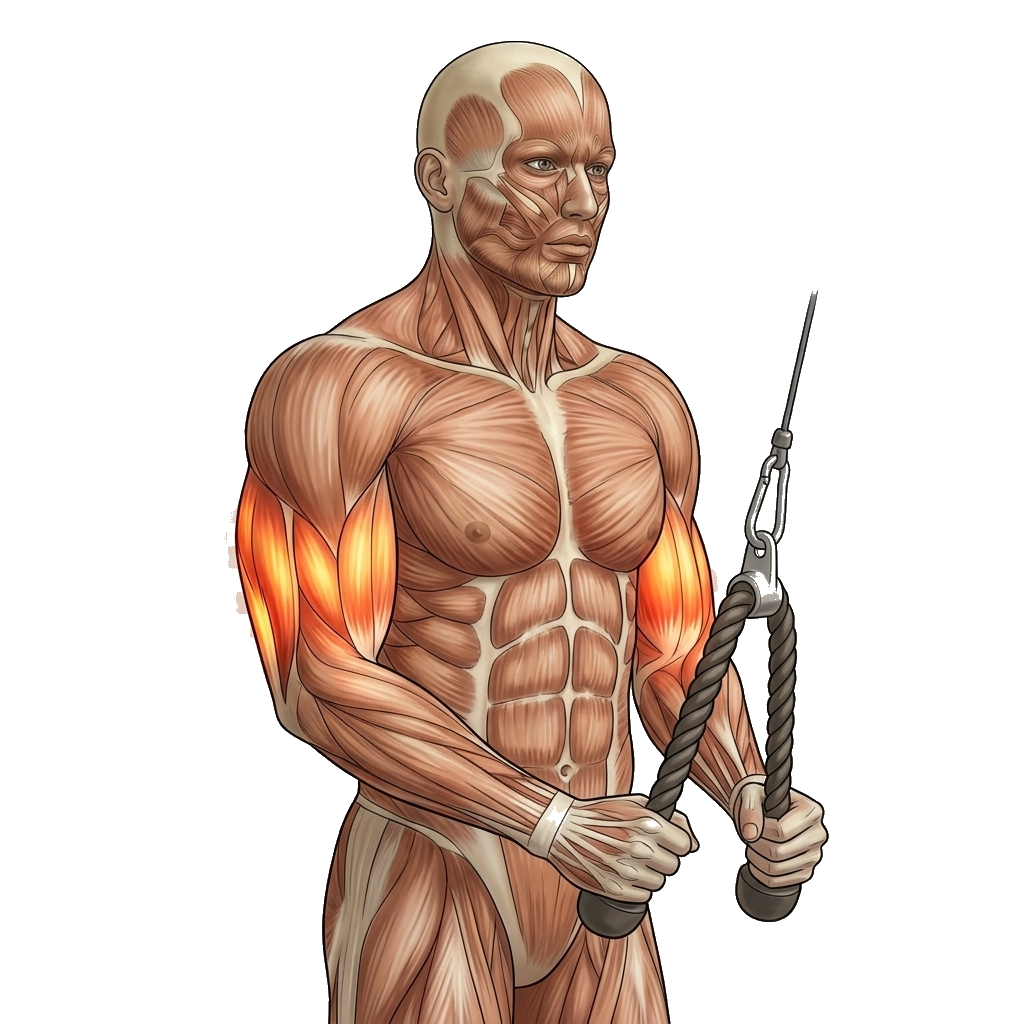 Rope tricep pushdown anatomy diagram.