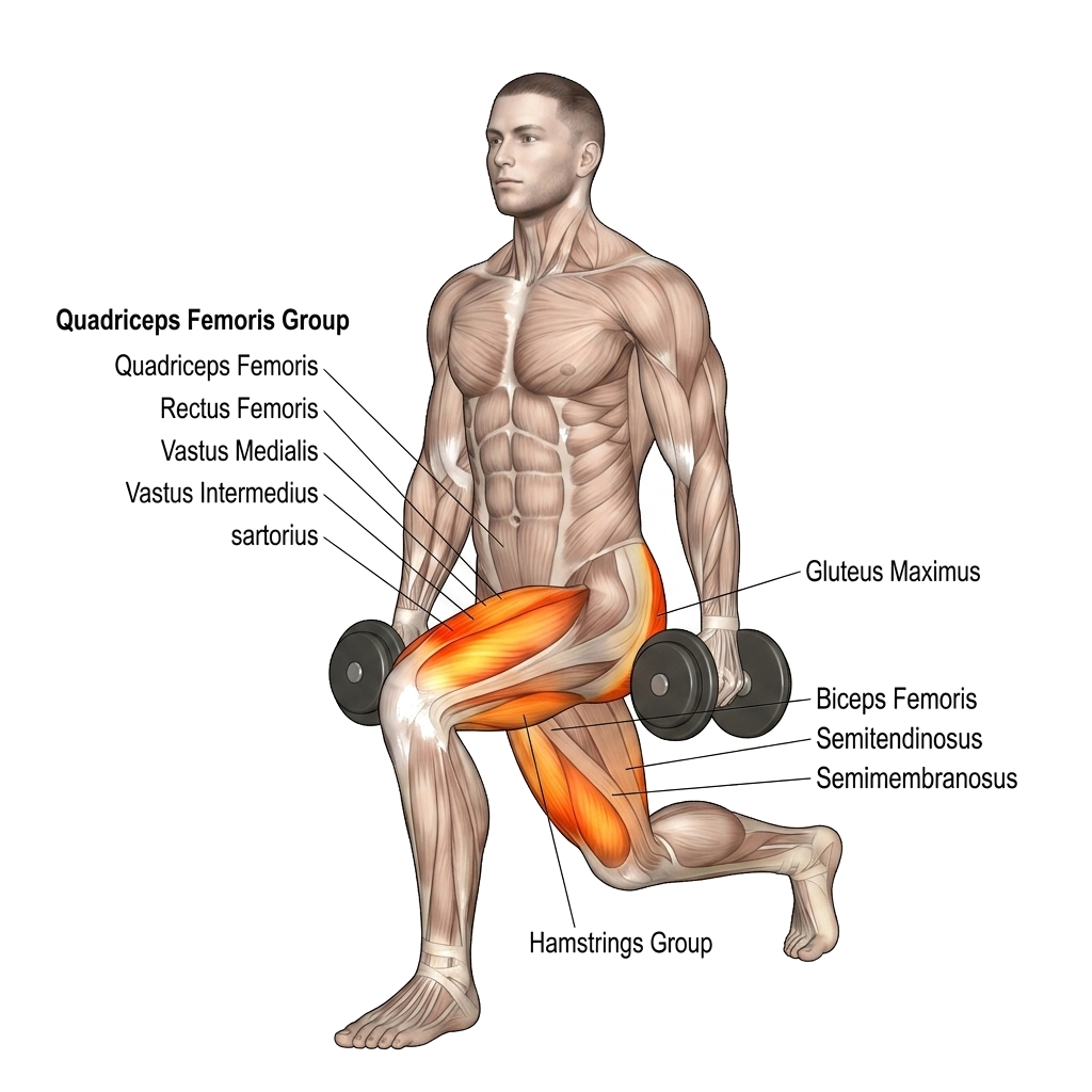 Walking lunge anatomy diagram.
